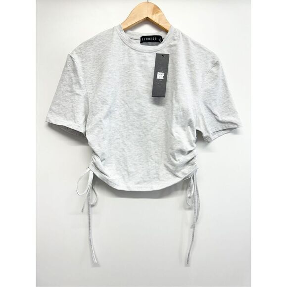 Lioness Drawstring Crop Top Size Small Light Gray Crewneck Short Sleeve Tee NEW - Picture 5 of 9